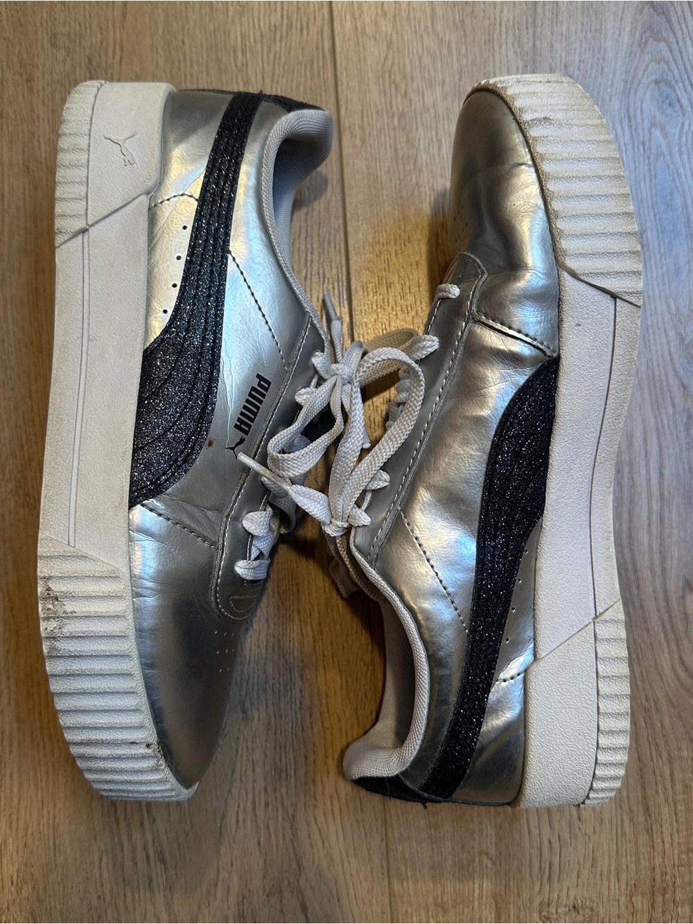 Puma Metallic Silver Platform Sneakers with Black Glitter Formstrip